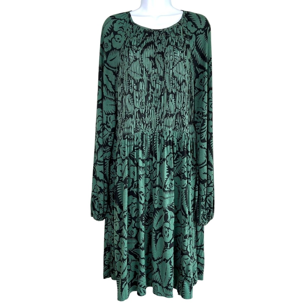 Boden Floral Smocked Dress Sz 12 Green Black Midi Long Sleeve Boho Cottage - Picture 2 of 8